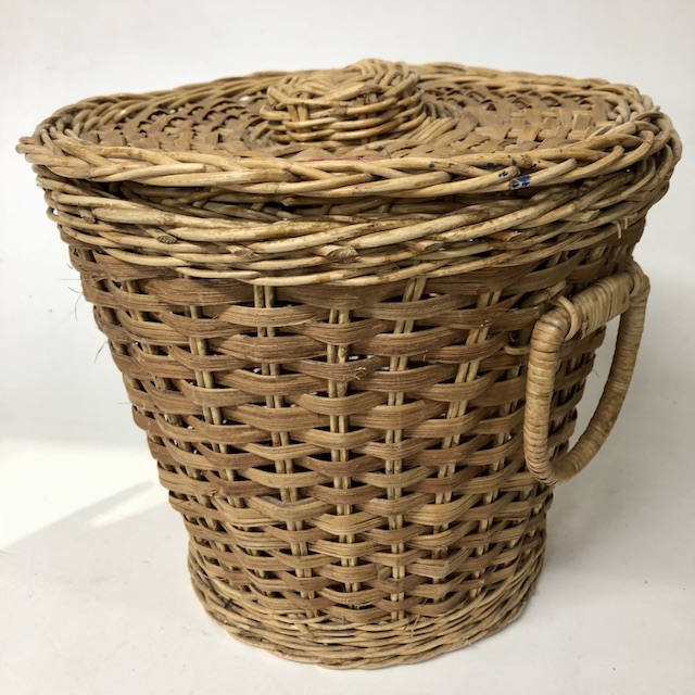 KNITTING BASKET, Wicker Tapered w Lid & Knitting Props